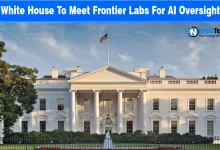 Exterior view of the White House building under a blue sky with the US flag flying.