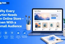 Feature image showing why artists benefit from having an online store, featuring a laptop displaying an art shop, artwork, art supplies, and icons representing sales, audience growth, brand building, and long-term opportunities.