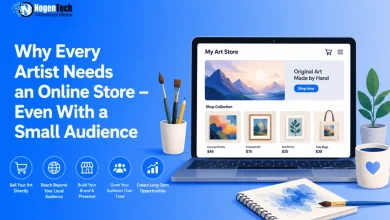 Feature image showing why artists benefit from having an online store, featuring a laptop displaying an art shop, artwork, art supplies, and icons representing sales, audience growth, brand building, and long-term opportunities.