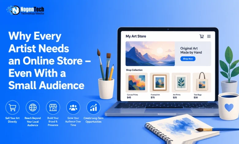 Feature image showing why artists benefit from having an online store, featuring a laptop displaying an art shop, artwork, art supplies, and icons representing sales, audience growth, brand building, and long-term opportunities.
