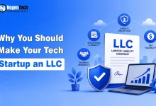 LLC legal document beside a laptop and blue shield showing benefits like liability protection.