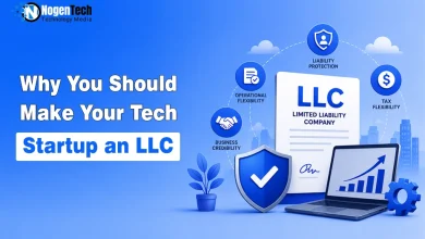 LLC legal document beside a laptop and blue shield showing benefits like liability protection.