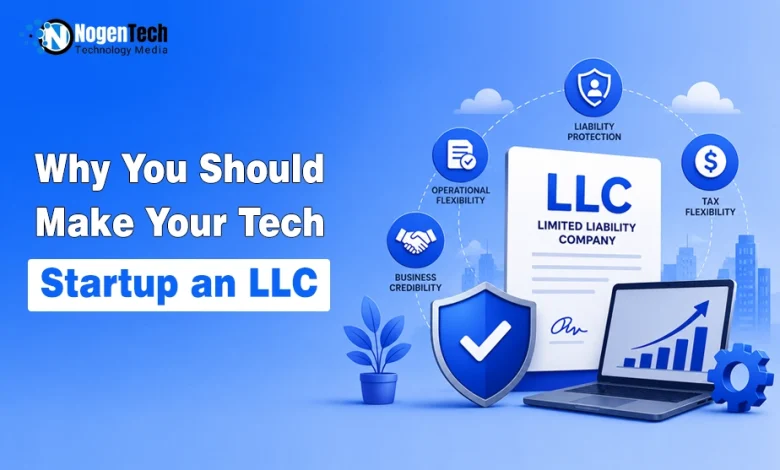 LLC legal document beside a laptop and blue shield showing benefits like liability protection.