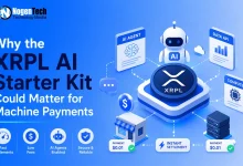 3D vector diagram showing an XRPL token connecting AI agents, data APIs, and compute servers for micro-payments with NogenTech branding.