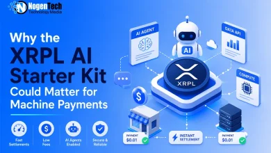 3D vector diagram showing an XRPL token connecting AI agents, data APIs, and compute servers for micro-payments with NogenTech branding.