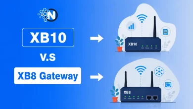 Illustration comparing Xfinity XB10 and XB8 gateways with arrows, showcasing WiFi 7, DOCSIS 4.0, WiFi 6E, and gateway performance differences.