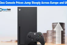 Xbox Series X console and wireless controller next to stacked coins with an upward arrow.