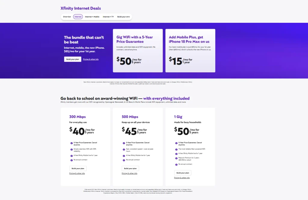 Screenshot of Xfinity Internet Plans: Image Credit to Xfinity