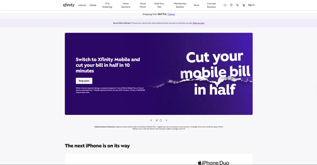 Screenshot of Xfinity homepage by NogenTech