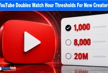 3D red YouTube play button logo next to a checklist graphic displaying 1,000 subscribers, 8,000 watch hours, and 20M Shorts views.