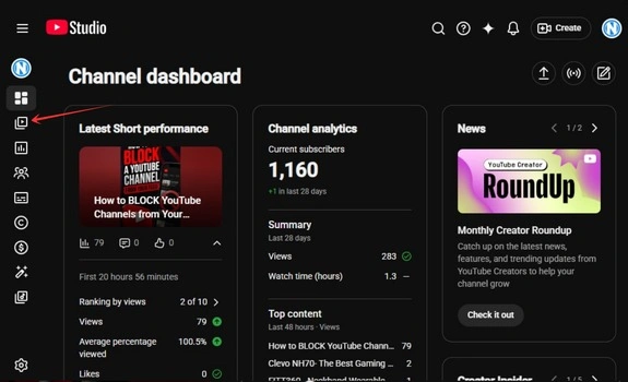 YouTube Studio Content Section