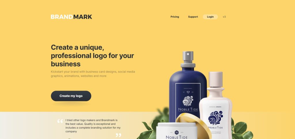 BrandMark homepage showcasing an AI logo maker and business branding tools