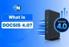Illustration of a DOCSIS 4.0 cable modem with the text "What is DOCSIS 4.0?" on a blue background representing next-generation cable broadband technology.