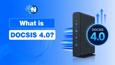 Illustration of a DOCSIS 4.0 cable modem with the text "What is DOCSIS 4.0?" on a blue background representing next-generation cable broadband technology.