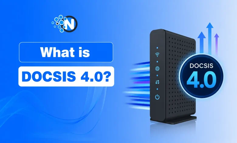 Illustration of a DOCSIS 4.0 cable modem with the text "What is DOCSIS 4.0?" on a blue background representing next-generation cable broadband technology.