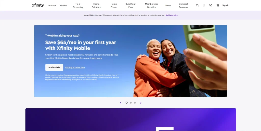 Screenshot of Xfinity homepage by NogenTech