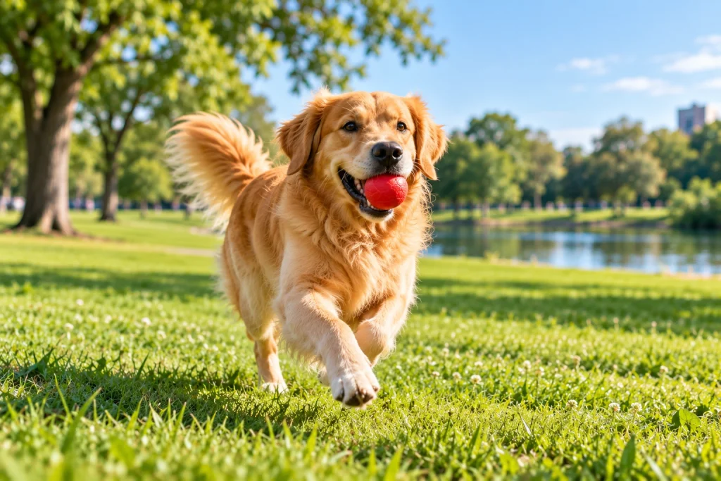 A golden retriever running across a grassy park, holding a red ball in its mouth. Image Credit: NogenTech