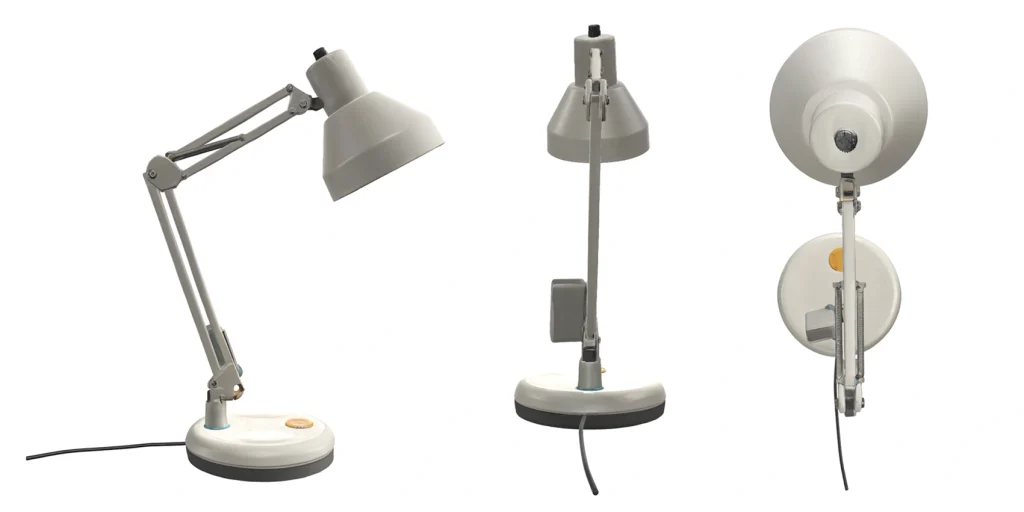 Reference image showing an adjustable white desk lamp from front, side, and top-down angles on a white background.