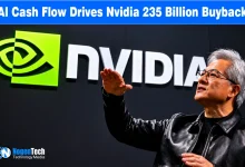 Nvidia CEO Jensen Huang gesturing in front of a large illuminated Nvidia logo.
