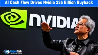 Nvidia CEO Jensen Huang gesturing in front of a large illuminated Nvidia logo.