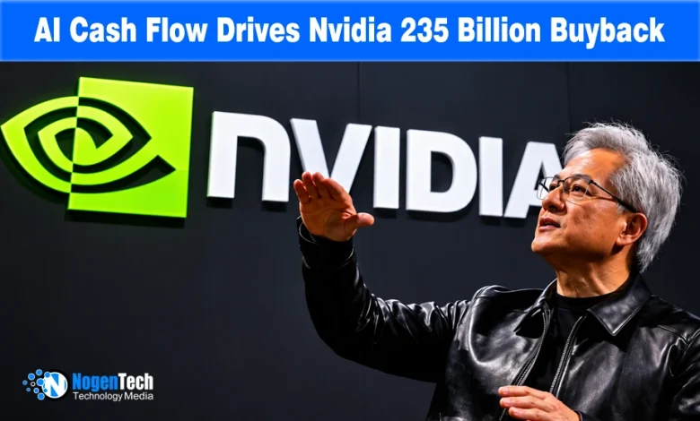 Nvidia CEO Jensen Huang gesturing in front of a large illuminated Nvidia logo.