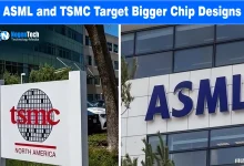 Split view showing the outdoor signage for TSMC North America alongside the ASML corporate building facade.