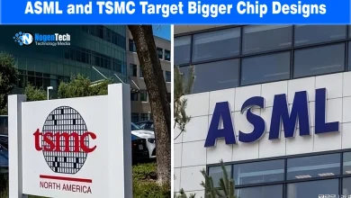 Split view showing the outdoor signage for TSMC North America alongside the ASML corporate building facade.