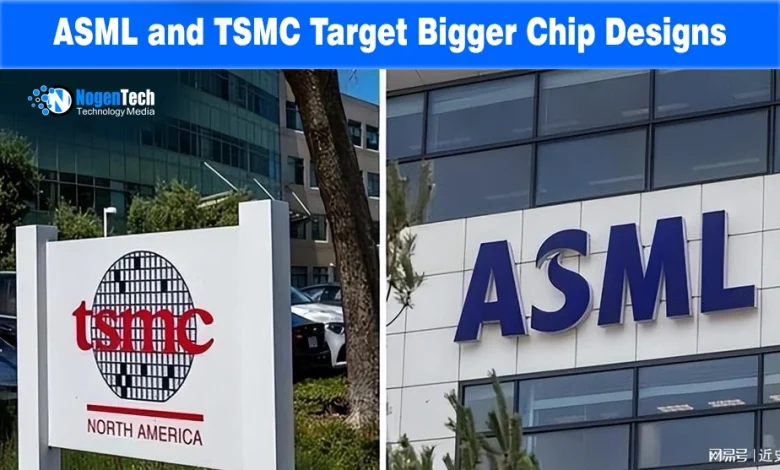 Split view showing the outdoor signage for TSMC North America alongside the ASML corporate building facade.
