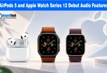 AirPods 5 charging case alongside two Apple Watch Series 12 smartwatches with fabric straps.