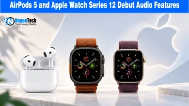 AirPods 5 charging case alongside two Apple Watch Series 12 smartwatches with fabric straps.
