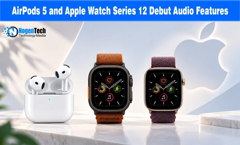 AirPods 5 charging case alongside two Apple Watch Series 12 smartwatches with fabric straps.
