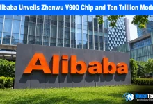 Large orange Alibaba logo sign outside a modern glass headquarters building.