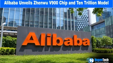 Large orange Alibaba logo sign outside a modern glass headquarters building.