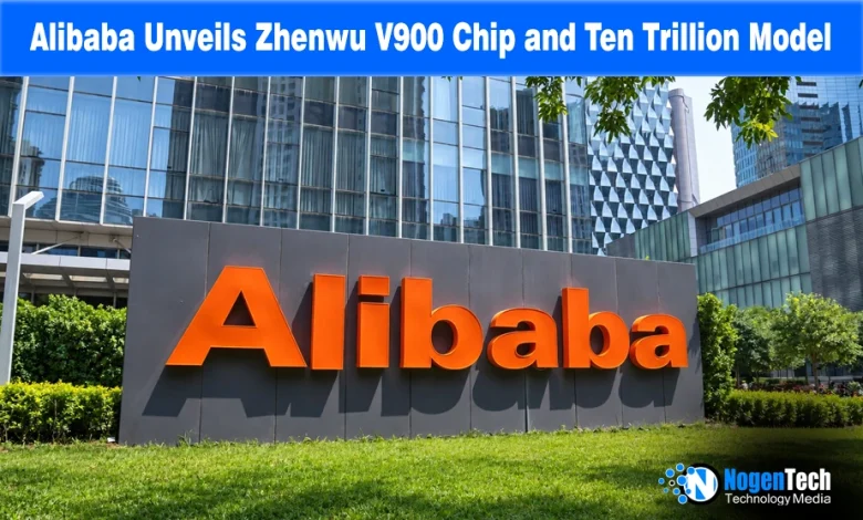 Large orange Alibaba logo sign outside a modern glass headquarters building.