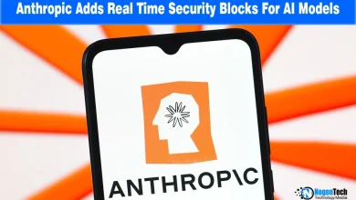 Smartphone screen displaying the Anthropic logo over a white and orange starburst background with NogenTech branding.