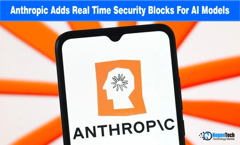 Smartphone screen displaying the Anthropic logo over a white and orange starburst background with NogenTech branding.