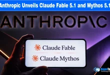 Hand holding a smartphone displaying Claude Fable and Claude Mythos text logos in front of a illuminated Anthropic sign with NogenTech branding.