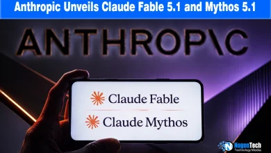Hand holding a smartphone displaying Claude Fable and Claude Mythos text logos in front of a illuminated Anthropic sign with NogenTech branding.