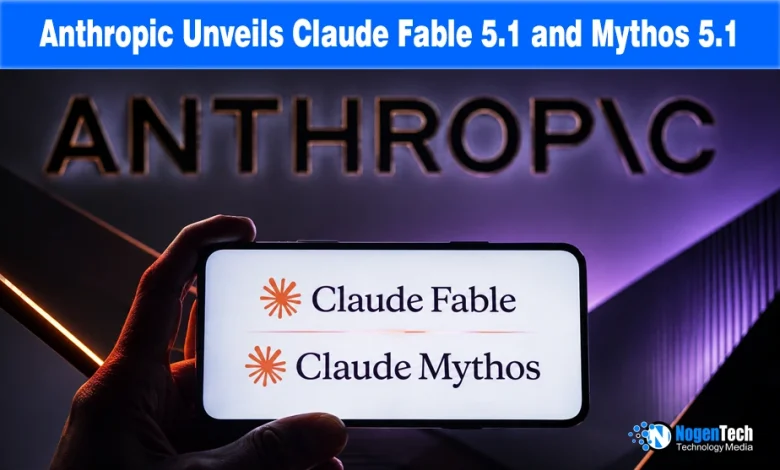 Hand holding a smartphone displaying Claude Fable and Claude Mythos text logos in front of a illuminated Anthropic sign with NogenTech branding.