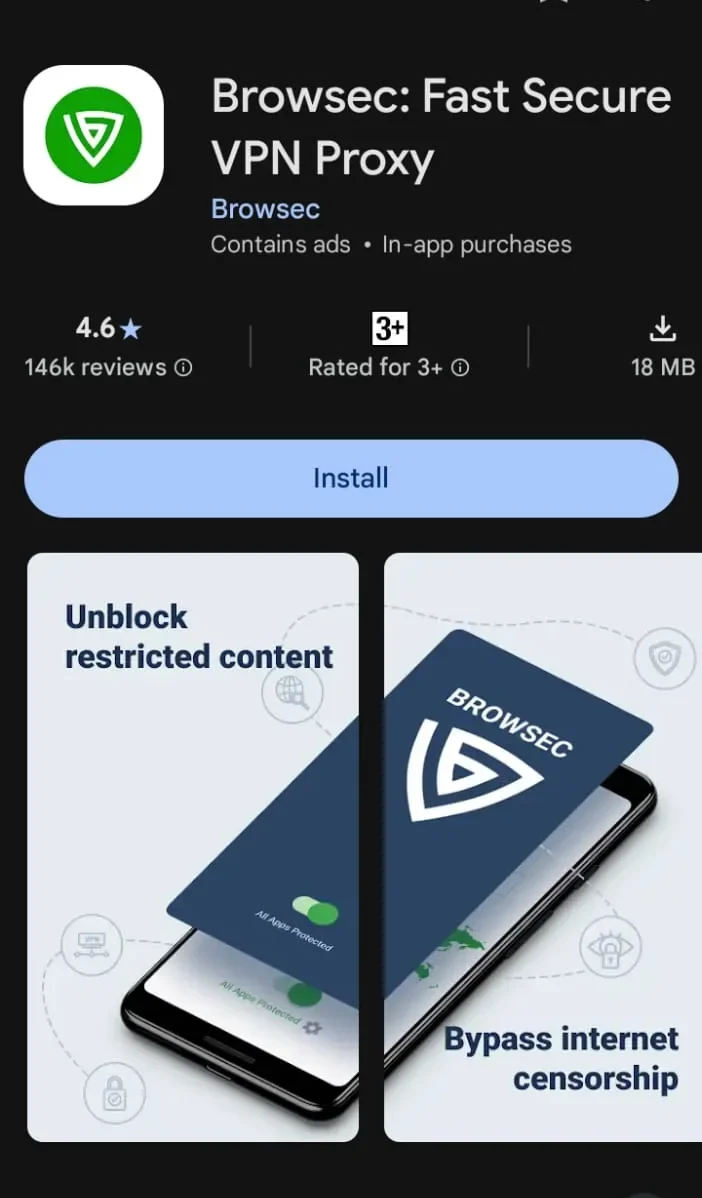 Screenshot of Browsec on Playstore