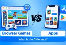 Split visual showing a web browser game window versus a smartphone app store interface.