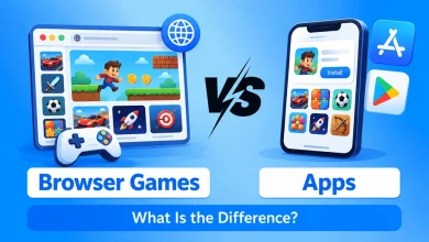 Split visual showing a web browser game window versus a smartphone app store interface.