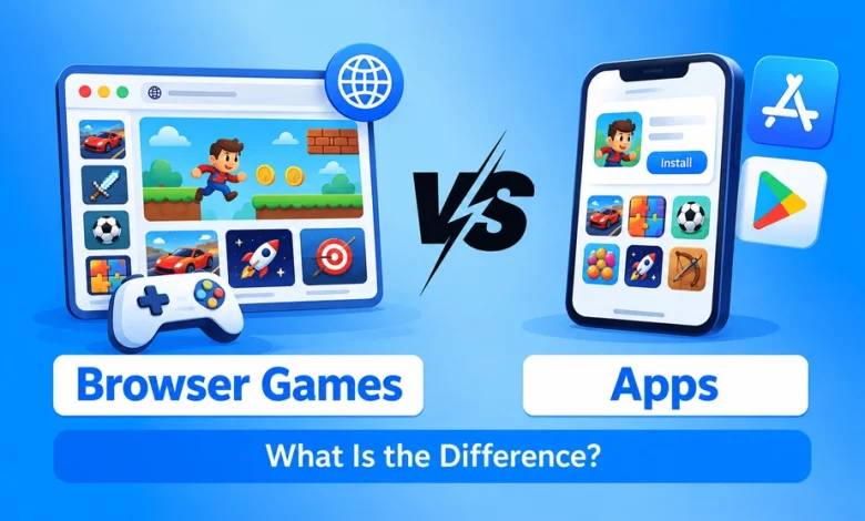 Split visual showing a web browser game window versus a smartphone app store interface.