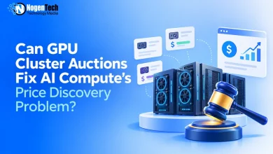 Server racks and an auction gavel next to price bidding icons.