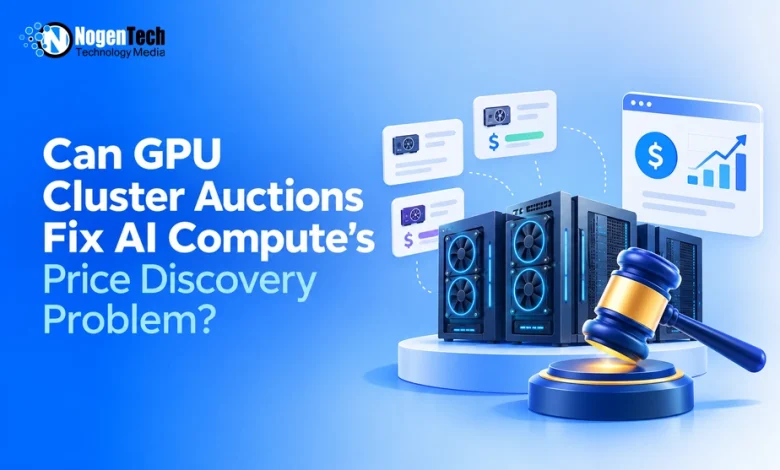 Server racks and an auction gavel next to price bidding icons.