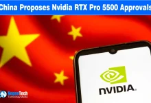 Smartphone showing the Nvidia logo in front of a blurred flag of China.