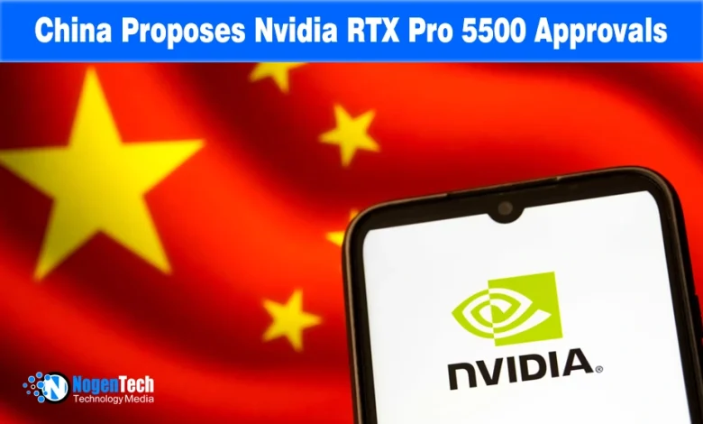 Smartphone showing the Nvidia logo in front of a blurred flag of China.