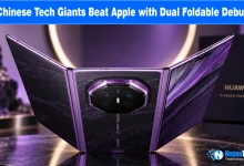 Purple tri-fold Huawei smartphone standing partially unfolded on a table.