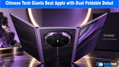 Purple tri-fold Huawei smartphone standing partially unfolded on a table.