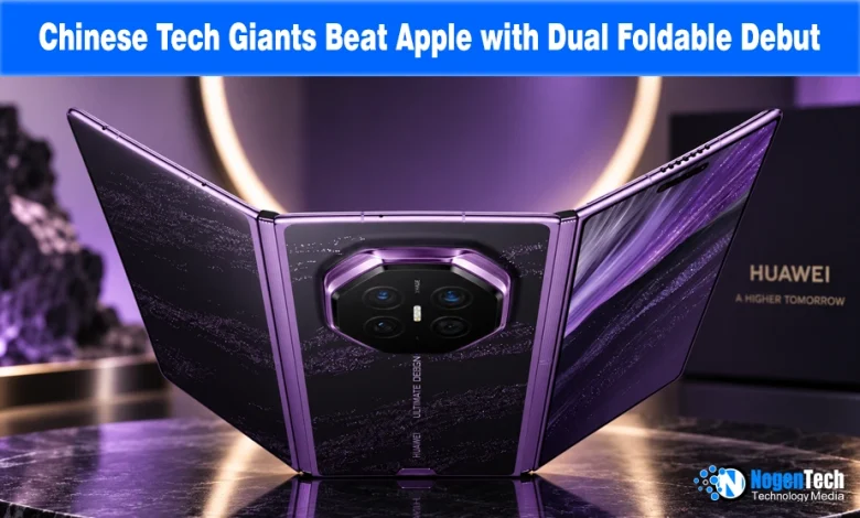 Purple tri-fold Huawei smartphone standing partially unfolded on a table.